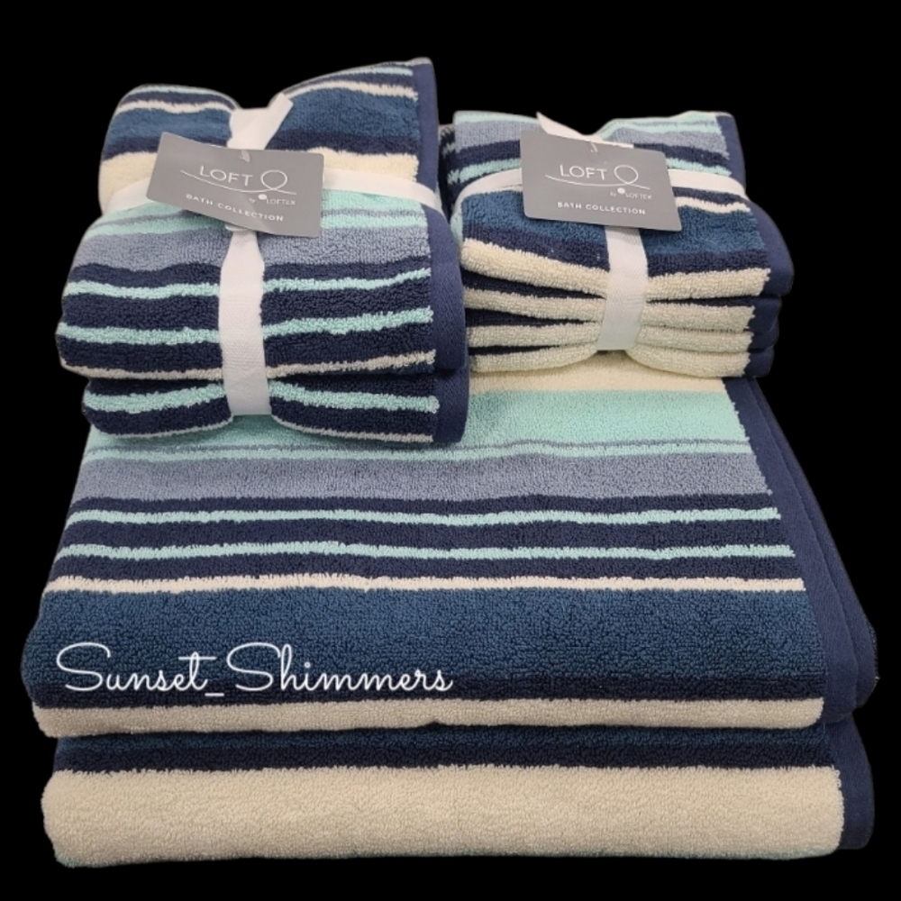 8pc Loft Turquoise Cream Blue Striped Cotton Bath Hand Washcloth Towel Set New - Picture 10 of 10